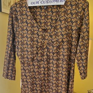 Ladies dress, V-neck, large, blue & gold floral, perfect condition.